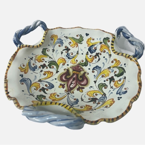 Vintage Art Studio Italy Pottery Handpainted Serving Dish Centerpiece Floral